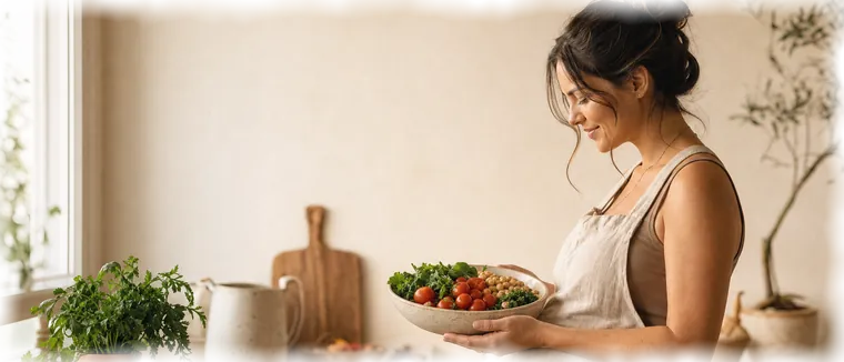 Una donna incinta in cucina con una ciotola di verdure.