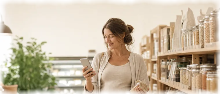 Una donna incinta al supermercato guarda il telefono.