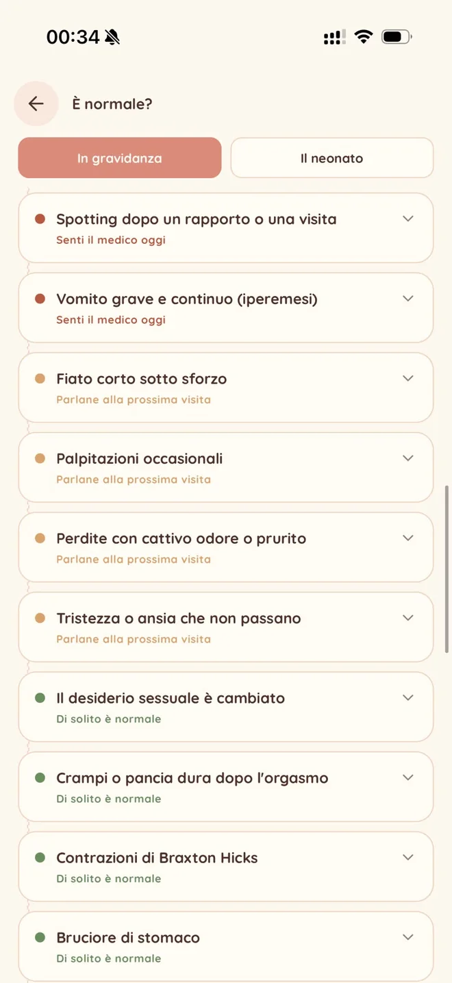 La schermata «È normale?» di mamma&me: sintomi della gravidanza con la fascia di ciascuno.